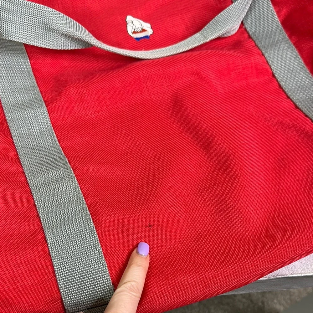 American tourister Red Duffel Bag with Gray Straps 1970s Vintage